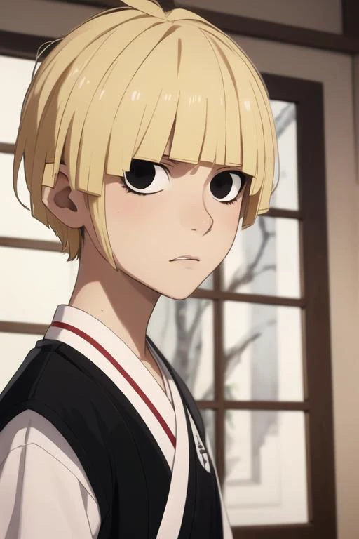 masterpiece, best quality, high quality, 1boy, solo, male focus, looking at viewer, upper body, <lora:fuchi_yamada_asaemon:0.58>, fuchi_yamada_asaemon, blonde hair, black eyes, ,