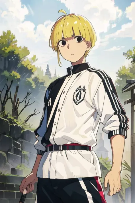 masterpiece, best quality, high quality, 1boy, solo, male focus, looking at viewer, upper body, <lora:fuchi_yamada_asaemon:0.58>, fuchi_yamada_asaemon, blonde hair, black eyes, , track suit