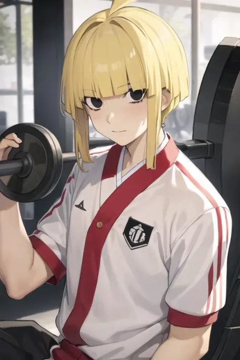 masterpiece, best quality, high quality, 1boy, solo, male focus, looking at viewer, upper body, <lora:fuchi_yamada_asaemon:0.74>, fuchi_yamada_asaemon, blonde hair, black eyes, , gym uniform