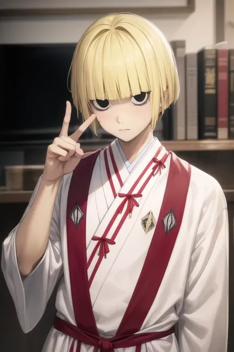 masterpiece, best quality, high quality, 1boy, solo, male focus, looking at viewer, upper body, <lora:fuchi_yamada_asaemon:0.72>, fuchi_yamada_asaemon, blonde hair, black eyes, , pajamas