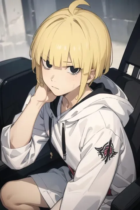 masterpiece, best quality, high quality, 1boy, solo, male focus, looking at viewer, upper body, <lora:fuchi_yamada_asaemon:0.60>, fuchi_yamada_asaemon, blonde hair, black eyes, , hoodie