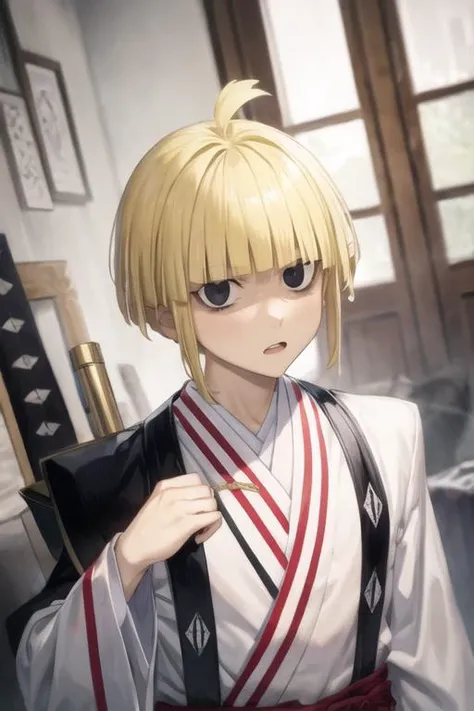 masterpiece, best quality, high quality, 1boy, solo, male focus, looking at viewer, upper body, <lora:fuchi_yamada_asaemon:0.74>, fuchi_yamada_asaemon, blonde hair, black eyes, , pajamas