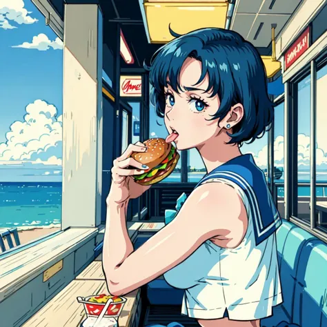 <lora:sailor_mercury:0.8> sailor_mercury, woman eating a large hamburger in a diner, masterpiece, best quality, sketch, view from the side