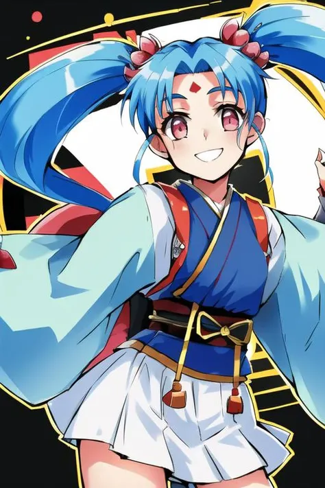 <lora:sammy:0.75>sammy,1girl,solo, girl,twin tail hair,white skirt,lite blue hair,smile,red vest,black obi,kimono