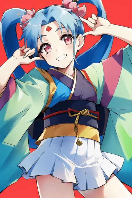 <lora:sammy:0.75>sammy,1girl,solo, girl,twin tail hair,white skirt,lite blue hair,smile,red vest,black obi,kimono