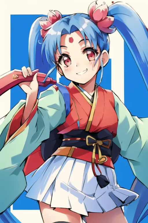 <lora:sammy:0.75>sammy,1girl,solo, girl,twin tail hair,white skirt,lite blue hair,smile,red vest,black obi,kimono