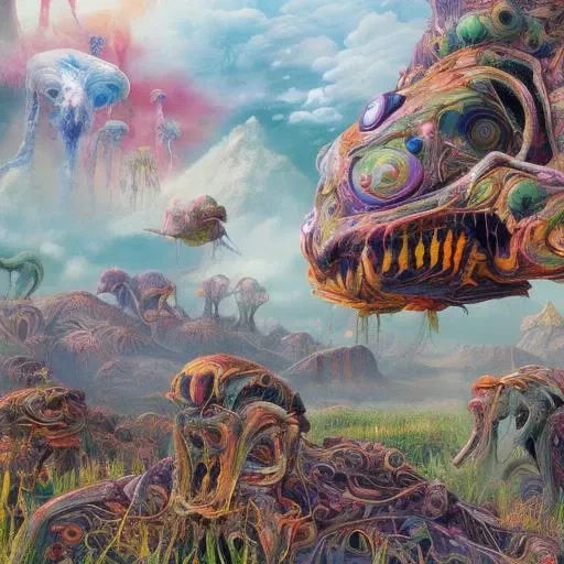 an ((ethereal landscape)) filled with otherworldly (((psychoactive alien creatures))), (vibrant colors), ((intricate detail)), HDR, 32k, style bse