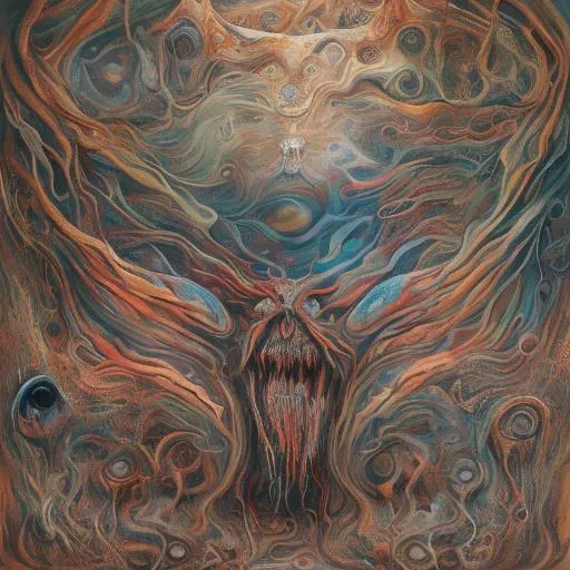 In a realm drenched in ((swirling colors)), a terrifying monster prowls. ((Eyes of molten red)) stare, piercing the night. Its (elongated limbs) twitch and writhe like serpents, reaching out to ensnare its victims. Shadows dance and contort, taking on (((malicious shapes))) that flicker and fade. The ground pulses with an otherworldly energy, ((amplifying terror)). ((Malevolent presence)) that permeates the (((psychoactive surroundings))), (intricate detail) (high-res) (oil on canvas), style bse