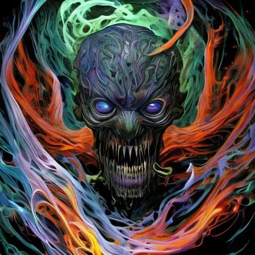 In a realm drenched in swirling colors, a terrifying monster prowls. Its form constantly shifts and distorts, defying comprehension. Eyes of molten red stare into your soul, piercing your sanity. Its elongated limbs twitch and writhe like serpents, reaching out to ensnare its victims. The air is thick with a sickly-sweet aroma, intoxicating your senses and clouding your judgment. Whispers echo in your mind, sowing doubt and fear with every syllable. Shadows dance and contort, taking on malicious shapes that flicker and fade. The ground beneath your trembling feet pulses with an otherworldly energy, amplifying your terror. The monster's guttural growls reverberate through the air, vibrating through your bones, paralyzing you with dread. Your every thought is twisted and distorted, manipulated by the malevolent presence that permeates the psychoactive surroundings. style bse