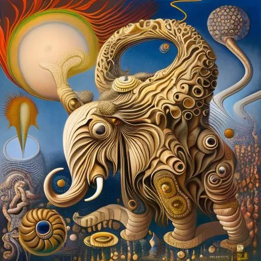(((mesmerizing painting))). The composition combines surrealist vision with intricate symbolism, creating a captivating tapestry of imagination. In this artwork, bizarre and dreamlike creatures populate a fantastical landscape. melting clocks intertwine with grotesque figures, forming a surreal and enigmatic narrative. In the foreground, a melting clock transforms into a distorted creature, symbolizing the fluidity of time and the ephemeral nature of existence. intricate details reveal a world of symbolic meaning. Unusual hybrid creatures, half-human and half-animal, populate the scene, representing the complex nature of the human psyche. Strange and otherworldly vegetation intertwines with iconic elephants, embodying themes of transformation and the subconscious mind. The composition is bathed in a luminous and otherworldly light, casting long shadows and enhancing the dreamlike quality of the painting. Layers of illusion and symbolism invite viewers to delve into the depths of their own imagination, pondering the mysteries of existence and the interplay of the conscious and subconscious realms. Oil on Canvas, Surrealist Fusion, (((style bse)))