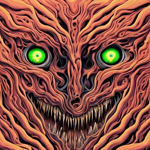 In a realm drenched in ((swirling colors)), a (((terrifying monster))) prowls. ((Eyes of molten red)) stare, piercing the night. Its (elongated limbs) twitch and writhe like serpents, reaching out to ensnare its victims. Shadows dance and contort, taking on (((malicious shapes))) that flicker and fade. The ground pulses with an otherworldly energy, ((amplifying terror)). ((Malevolent presence)) that permeates the (((psychoactive surroundings))), (intricate detail) (high-res) (oil on canvas), style bse