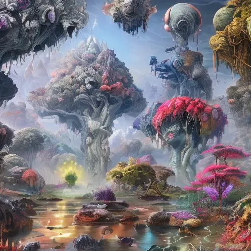 an ethereal landscape filled with otherworldly psychoactive alien creatures, vibrant colors, intricate detail, HDR, 16k, style bse