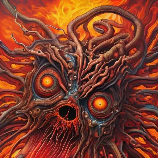 In a realm drenched in ((swirling colors)), a terrifying monster prowls. ((Eyes of molten red)) stare, piercing the night. Its (elongated limbs) twitch and writhe like serpents, reaching out to ensnare its victims. Shadows dance and contort, taking on (((malicious shapes))) that flicker and fade. The ground pulses with an otherworldly energy, ((amplifying terror)). ((Malevolent presence)) that permeates the (((psychoactive surroundings))), (intricate detail) (high-res) (oil on canvas), style bse