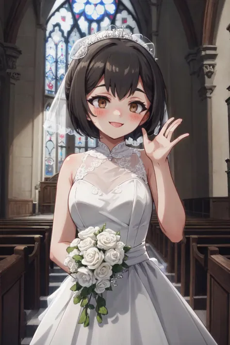 girl, solo, michiru_kagemori, black hair, short hair, brown eyes, (high quality, best quality, (4k), hi res, masterpiece, beautiful, high details) <lora:HumanMichiruV1:0.9>, wedding dress, smile, blushing, indoors, church, looking away, waving mouth, smile