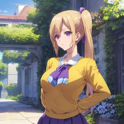 absurdres, (masterpiece:1.2), (masterpiece, high quality, highres,Highest picture quality), (Master's work), intricate detail, sharp focus, (anime style), aesthetic, extremely beautiful, 1girl, a woman, kawakami_mai, purple eyes, blonde hair, long hair, side ponytail, ponytail, school uniform, yellow sweater, hair ribbon, skirt,
, simple outdoors background, ambient occlusion, (amazing anime high quality),
happy, blush,looking at viewer,<lora:kawakami_mai-000008--1:0.7>, natural lighting