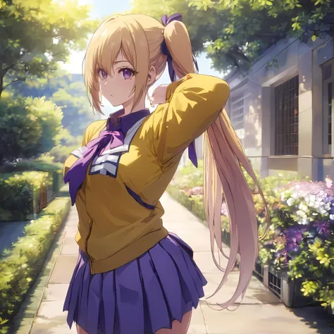 absurdres, (masterpiece:1.2), (masterpiece, high quality, highres,Highest picture quality), (Master's work), intricate detail, sharp focus, (anime style), aesthetic, extremely beautiful, 1girl, a woman, kawakami_mai, purple eyes, blonde hair, long hair, side ponytail, ponytail, school uniform, yellow sweater, hair ribbon, skirt,
, simple outdoors background, ambient occlusion, (amazing anime high quality),
happy, blush,looking at viewer,<lora:kawakami_mai-000008--1:0.7>, natural lighting