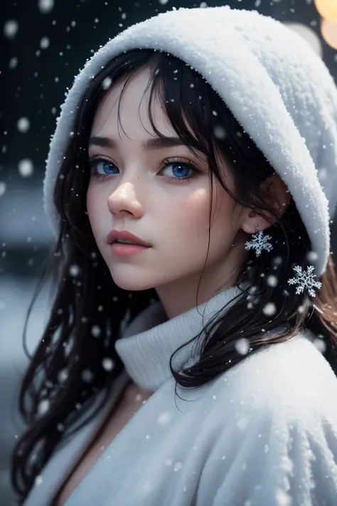 detailed illustration,natural lighting,midday, digital artwork, extremely detailed,(grainy:0.6), BREAK detailed face, blue iris, detailed eyes, detailed hair, snow, snowflakes, <lyco:effect_Sora:0.8>, ultra realistic,32k,RAW photo,(high detailed skin:1.2), 8k uhd, dslr, soft lighting, high quality, film grain