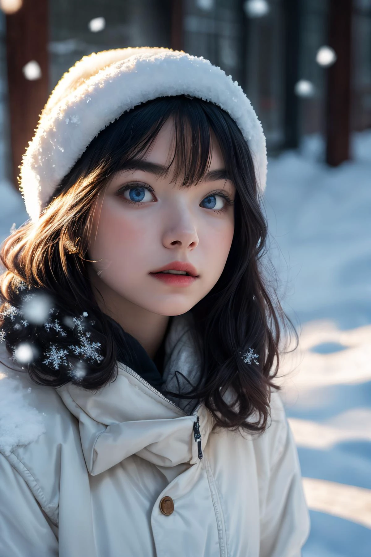 detailed illustration, natural lighting, midday, digital artwork, extremely detailed,(grainy:0.6), BREAK detailed face, blue iris, detailed eyes, detailed hair, snow, snowflakes, <lyco:effect_Sora:0.8>, <lora:Sora_TT2:0.8>, ultra realistic,32k,RAW photo,(high detailed skin:1.2), 8k uhd, dslr, soft lighting, high quality, film grain