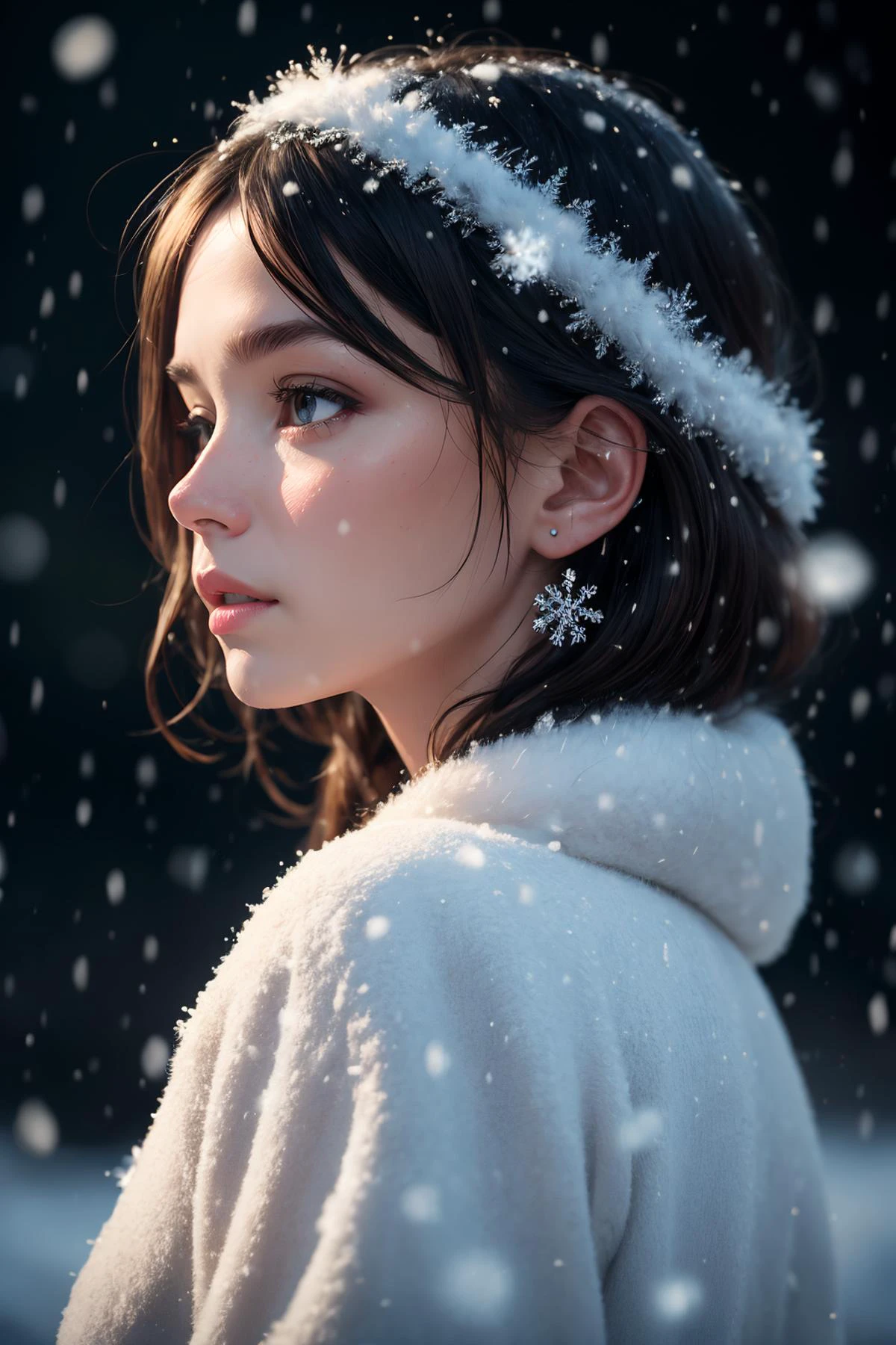 detailed illustration, natural lighting, midday, digital artwork, extremely detailed,(grainy:0.6), BREAK detailed face, blue iris, detailed hair, snow, snowflakes, <lyco:effect_Sora:0.7>, <lora:Sora_TT2:0.9>, ultra realistic,32k,RAW photo,(high detailed skin:1.2), 8k uhd, dslr, soft lighting, high quality, film grain