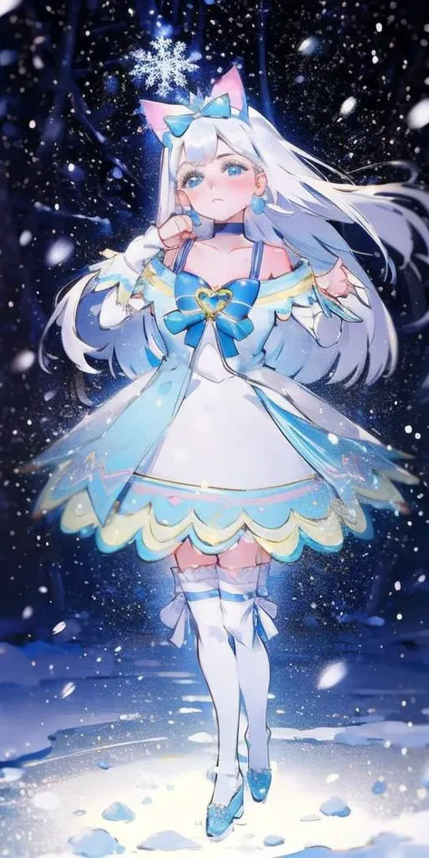 1girl, (masterpiece), best quality, expressive blue eyes, perfect face, 1girl, long white hair, cat ears, dynamic landing, dynamic cat pose, puffy dress, cure nyammy, big pretty eyes, blue eyes, long hair, bangs, white dress, light blue ribbon on dress, bow, magical girl, heart brooch, choker, jewelry, thighhighs, earrings, blue footwear,  cat like pounce pose, Winter, Snowflakes, Snow, tempestmagic, fantasy, Snow, Winter, Snowflakes, , <lora:detailed_eye_V2:0.4>, <lora:LoraeyesV:0.5>, <lora:negallbdsqlszV.:0.4>, <lora:6f3a2b85-aa03-4ab1-9f9a-e816ad4b1121:0.6>, <lora:c62db899-153d-42f9-a5a5-78906bed154c:0.8>, <lora:SnowSora:0.3>, <lora:rainbow:0.2>