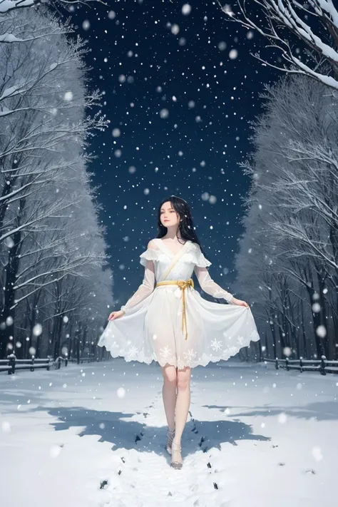 Masterpiece, best quality, official art, 8k wallpaper, very detailed, illustration, 1 girl, side face, snow white hair, long hair, detailed eyes, tattered, torn, broken, loophole, naked, hanfu, lake, pure, soft smile, forest, flower, falling, open legs, hands up, snow, blue_theme, snowing, snowflakes, night, light , (masterpiece,best quality:1.5) <lyco:Snow_Sora:0.8>