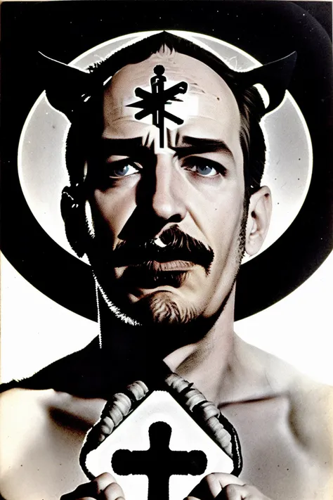 a man with a cross on his head and a star in the background with a halo above him and a star in the middle of the middle , Alfred Hitchcock, Steven Spielberg , occult_70