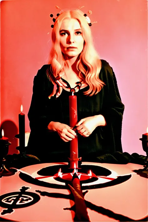 a woman in a black robe holding a red circle with a sacred symbol in it and a pink background with circles and circles around her , Maya Deren, Martin Scorsese , occult_70