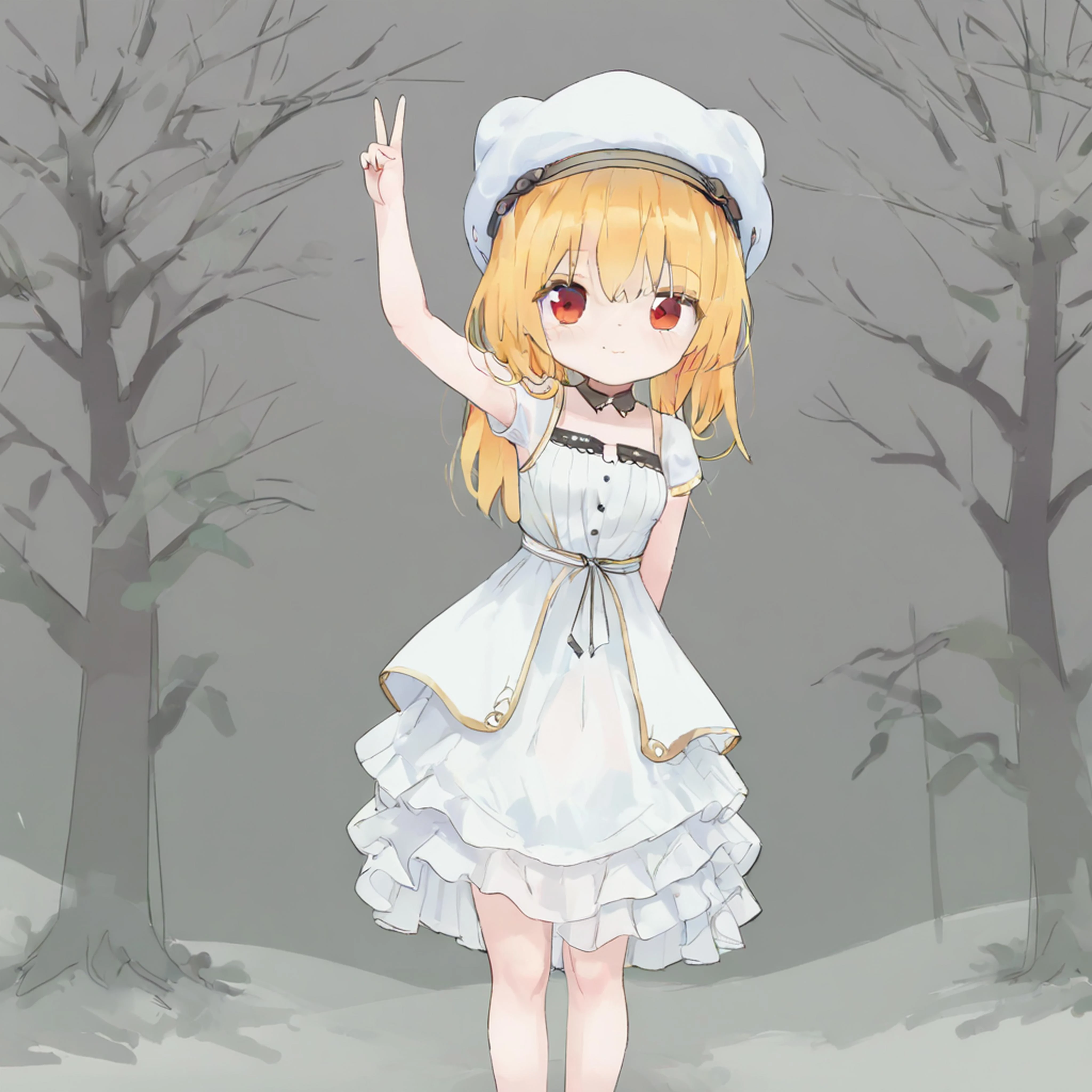 Noel Cornehl,1girl, yellow hair, white hat, white dress, red eyes, standing, hands up, <lora:Noel_Cornehl_XL_v1_AutoRunMech:0.87>