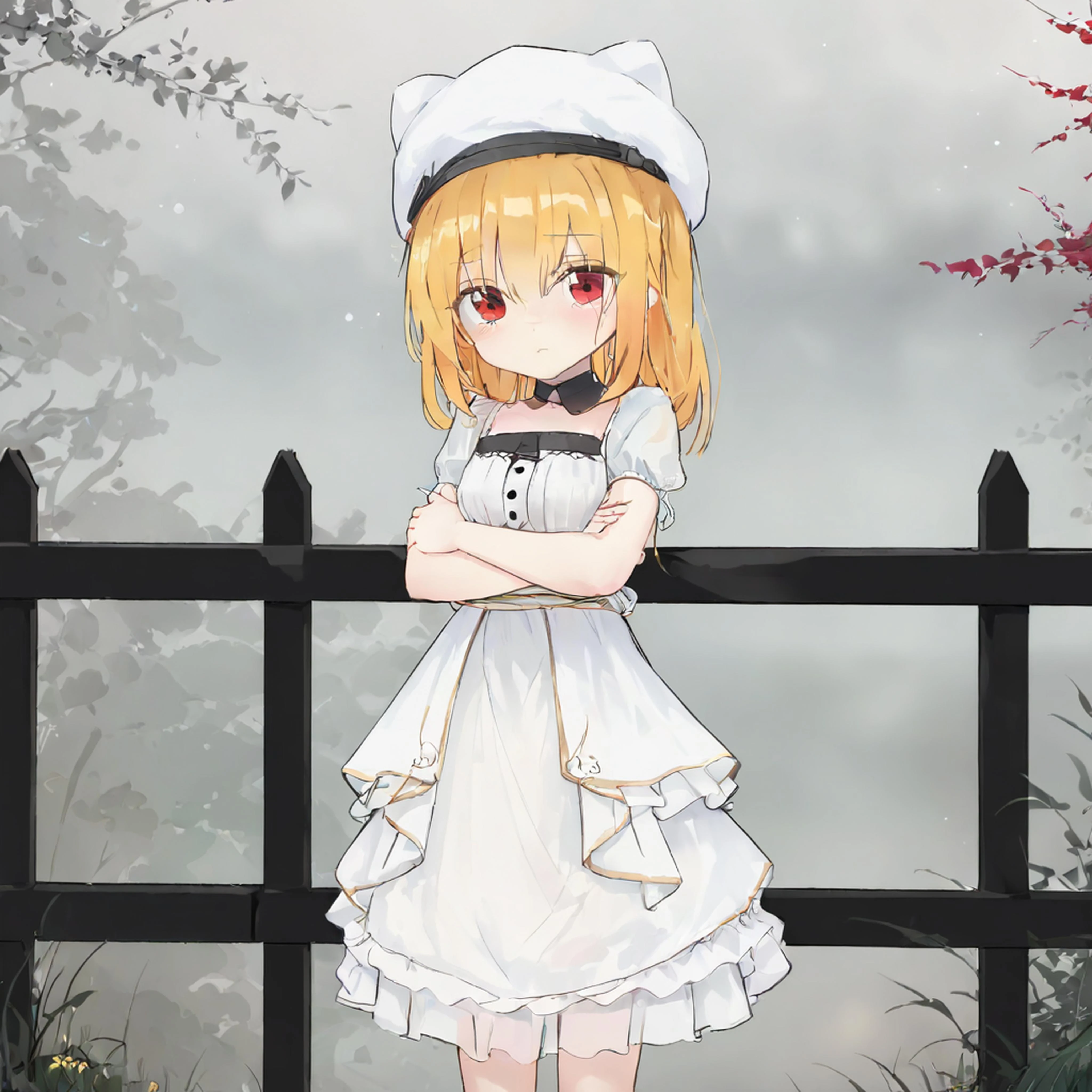 Noel Cornehl,1girl, yellow hair, white hat, white dress, red eyes, arms behind back , standing, <lora:Noel_Cornehl_XL_v1_AutoRunMech:0.87> <lora:SimplePositive_XL_v1_AutoRunMech:2>