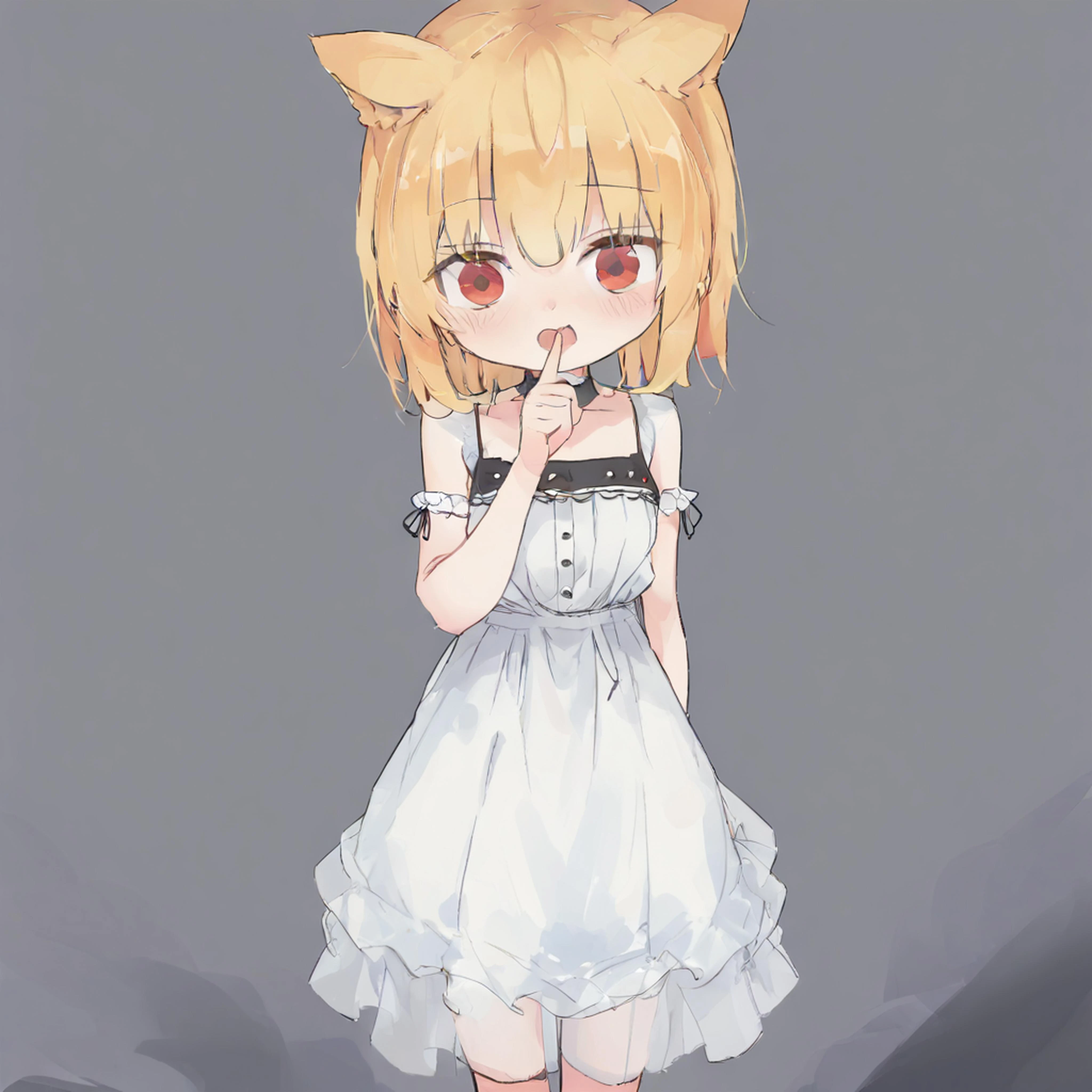 Noel Cornehl,1girl, yellow hair, white dress, red eyes, standing, hand_to_mouth, <lora:Noel_Cornehl_XL_v1_AutoRunMech:0.87>