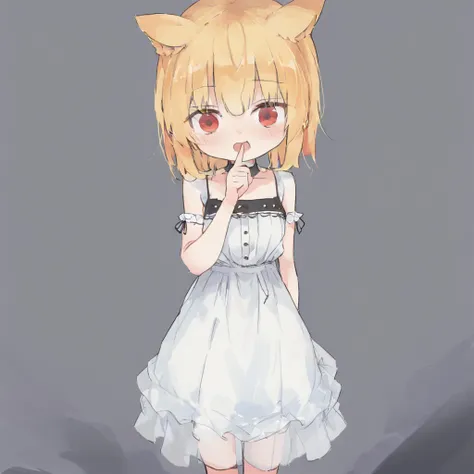 Noel Cornehl,1girl, yellow hair, white dress, red eyes, standing, hand_to_mouth,  <lora:Noel_Cornehl_XL_v1_AutoRunMech:0.87>