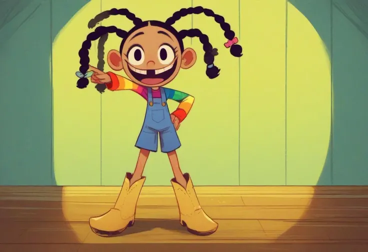 <lora:Goo_from_Fosters_Home_for_Imaginary_Friends_PonyXL:0.9>, goo_goo_gaga, solo, twin braids, braid, 1girl, teeth, boots, open mouth, parody, smile, overalls, looking at viewer, dress, standing on stage, black eyes, indoors, BREAK , zPDXL, score_9, score_8_up, score_7_up, score_6_up, score_5_up, score_4_up