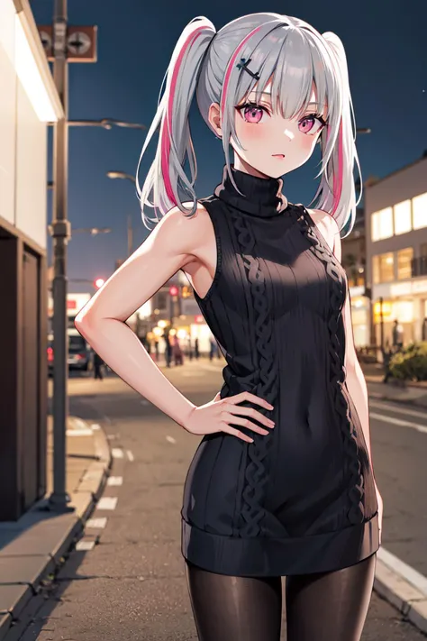 masterpiece, best quality, highres, aasena, twintails, multicolored hair, hair ornament, <lora:asumi_sena_v1:0.7>, sweater dress, ribbed sweater, virgin killer sweater, turtleneck, sleeveless, outdoors, standing, night, street,