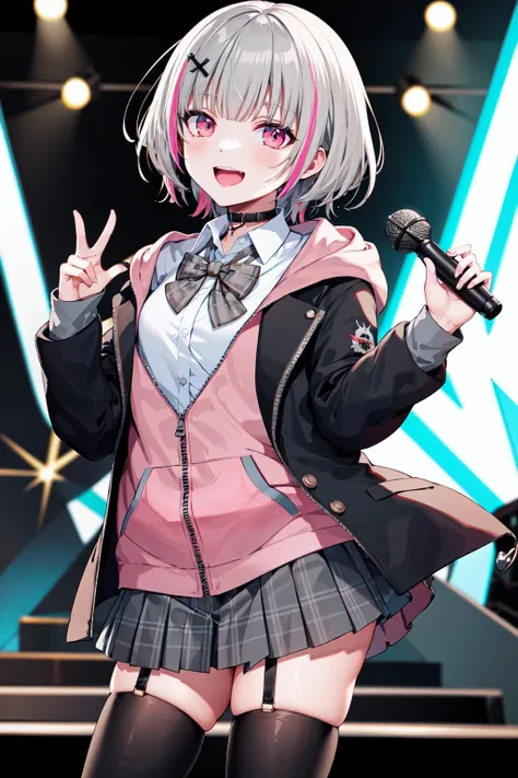 masterpiece, best quality, highres, bbsena, short hair, multicolored hair, hair ornament, black choker, bowtie, collared shirt, hoodie, black jacket, open clothes, long sleeves, grey skirt, pleated skirt, black thighhighs, <lora:asumi_sena_v1:0.7>, holding microphone, stage, smile, open mouth, standing