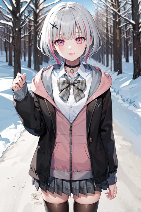 masterpiece, best quality, highres, bbsena, short hair, multicolored hair, hair ornament, black choker, bowtie, collared shirt, hoodie, black jacket, open clothes, long sleeves, grey skirt, pleated skirt, black thighhighs, <lora:asumi_sena_v1:0.7>, snow, smile, forest, standing