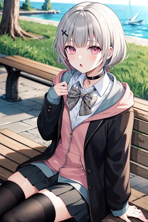 masterpiece, best quality, highres, bbsena, short hair, multicolored hair, hair ornament, black choker, bowtie, collared shirt, hoodie, black jacket, open clothes, long sleeves, grey skirt, pleated skirt, black thighhighs, <lora:asumi_sena_v1:0.7>, sitting, bench, :o, outdoors
