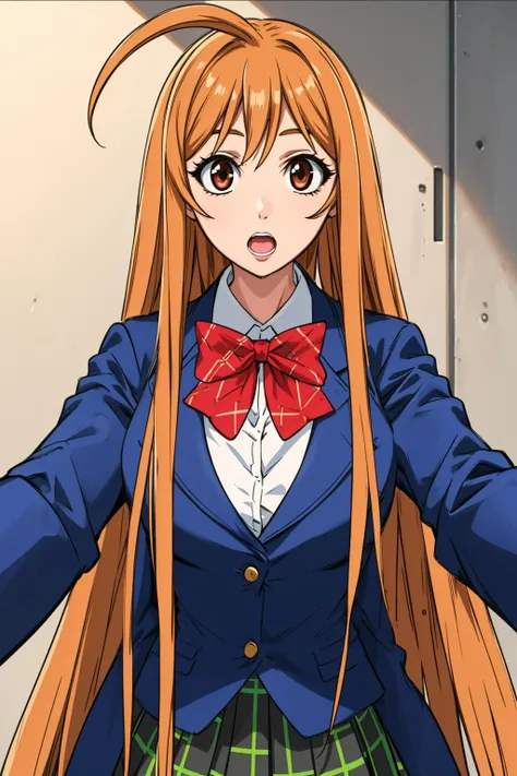masterpiece, best quality, highly quality , <lora:Aya-Natsume:0.7> , Aya-Natsume-KJ, open mouth, skirt, very long hair, school uniform, jacket, plaid skirt, blazer , (selfie:1.2)