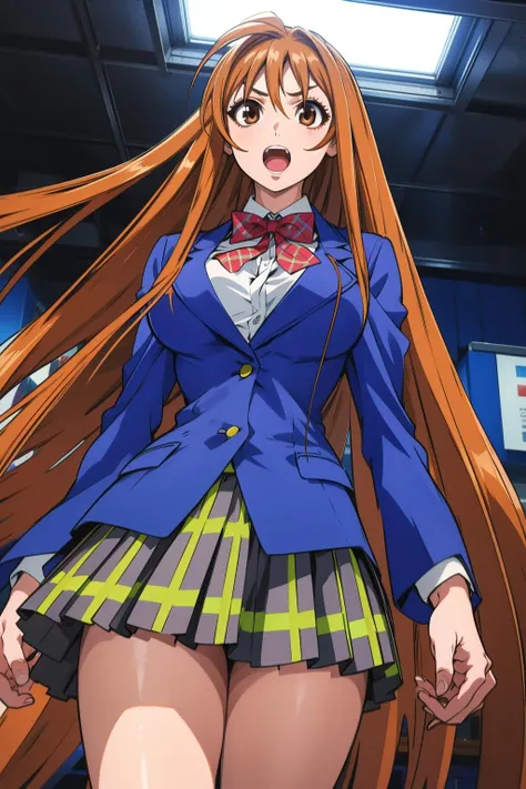 masterpiece, best quality, highly quality ,ultra high res , <lora:Aya-Natsume:0.7>, Aya-Natsume-KJ, open mouth, skirt, very long hair, school uniform, jacket, plaid, plaid skirt, from below, blazer