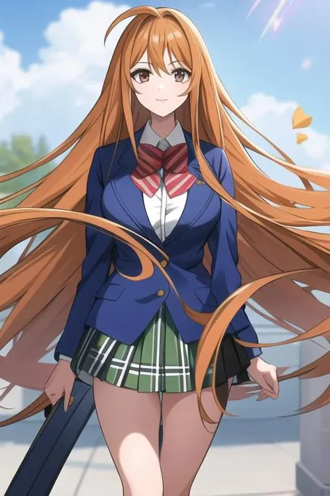 best quality, masterpiece, 
1girl, solo, aya-natsume-kj, skirt, very long hair, school uniform, jacket, plaid skirt, blazer,  <lora:Aya-Natsume:0.6>