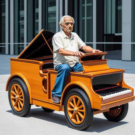 <lora:pandacar_v1:0.5>, (old man:1.1), sit astride, attraction, ground vehicle, handle, realistic, wheel, car, piano_car