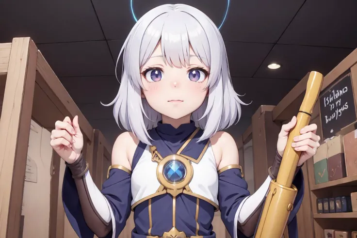masterpiece, best quality, alchemist girl in her store selling things, ultra detailed fantasy, rpg-7, radiating a glowing aura global illumination, copic, upper body, (realistic_nose:-1), (anime coloring:1.2), (flat_color:1)