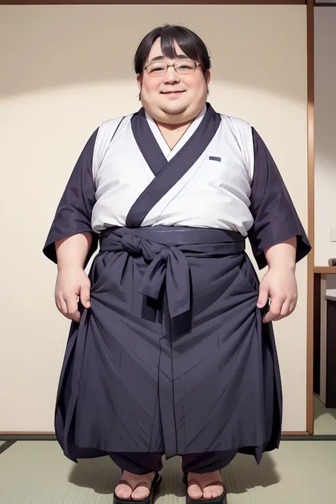 masterpiece,(high quality, best quality:1.2),smile,(mature fat man:1.4), (white hakama:1.5), glasses