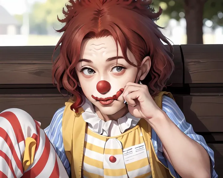 (old man clown face and red afro hair:1.5), chromatic_aberration, clown, cosplay_photo, depth_of_field, figure, film_grain, photorealistic, (a yellow vest with a red and white striped shirt:1.3), hisoka morow pose of abe takakazu, lying park bench, (detailed face:1.1)