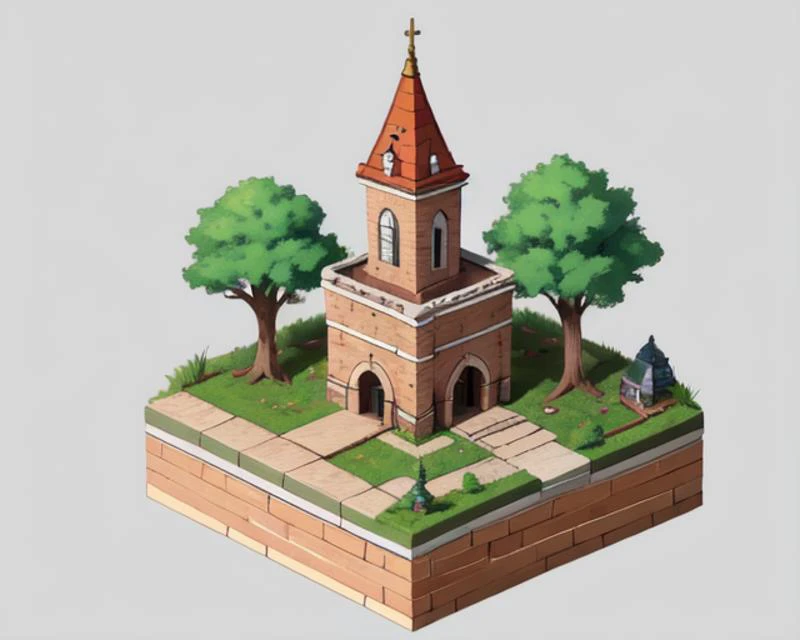 absurdres, best quality, fantasy, isometric, knolling style of (miniature brick round tower:1.2), tree, stone wall, (simple background:1.2)