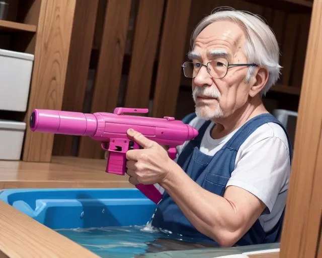 masterpiece, best quality, old man, 66years,Water gun, toy