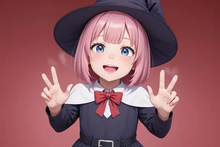 masterpiece,(best quality, high quality, highres:1.2), a woman in a witches hat and black dress with lights behind her and a pink background with a starburst, blurry, depth_of_field, facing_viewer, red_background, red_sky, smile, solo, bloodborne, a hologram, magical realism, (flat_color:1.1), (anime_coloring:1.1), (realistic_nose:-0.8),(megami magazine:1.1), open hands, pink hair