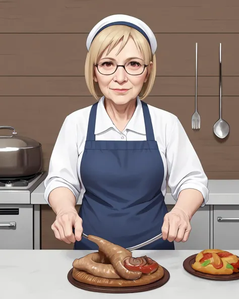 66 years old woman cooking, (lamprey:1.1), grill