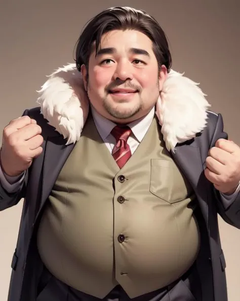 masterpiece,(high quality, best quality:1.2),smile, (man:1), mature fat man, hero, fighting beast, lips, cheek, blush, suit, I choose you!, red_fur