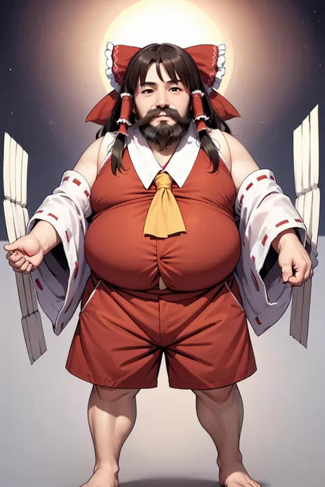 masterpiece,(high quality, best quality:1.2),smile,(beard mature fat man:1.3), beard, (hakurei reimu:1.3)