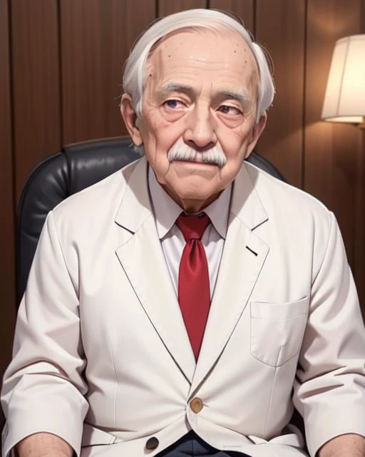 (An 80 years old man with nasolabial folds on his face:1.3), (white mustache:1.1), white suits, white short cut corners hair ,long brown red tie, beige jacket, his both fingers in front of his face, Werther's Original, sitting on the chair, glowing eyes, morinaga